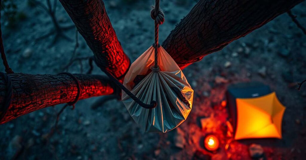 A food bag hung using the bear hang method to avoid attracting wildlife while camping.