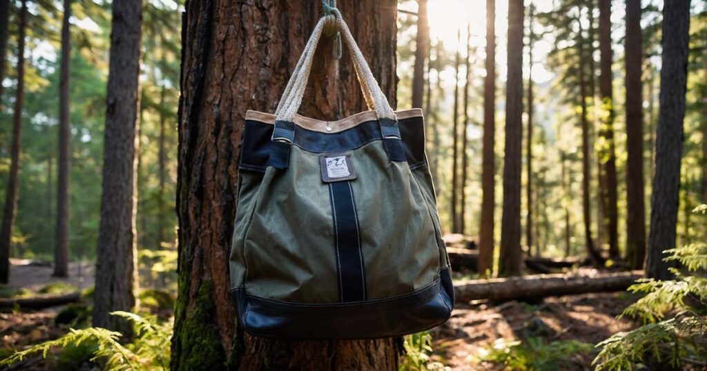 A bear bag hanging from a tree branch in a forest campsite