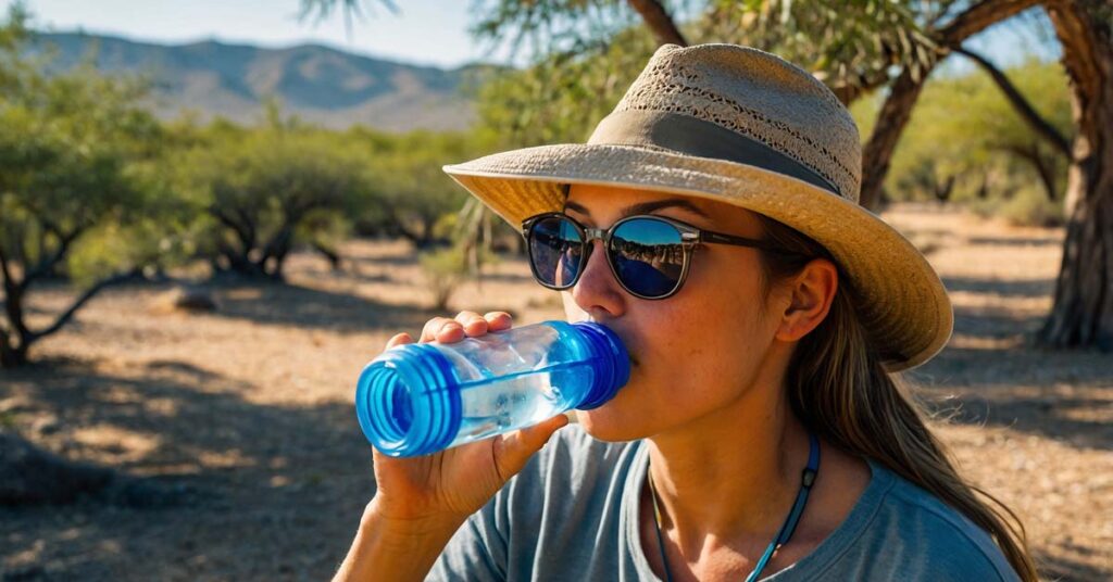 Camper staying hydrated while camping in extreme heat.