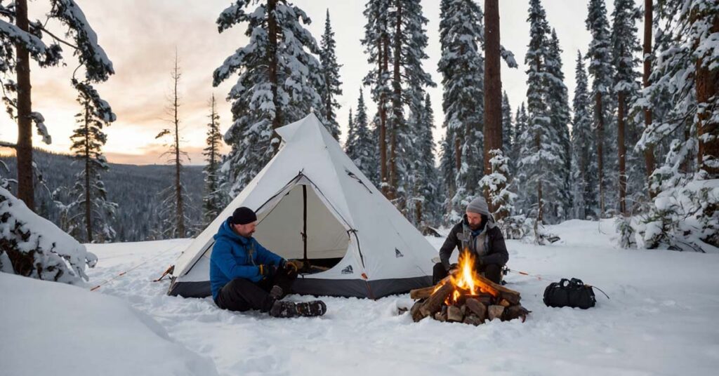 Hyperlite Mountain Gear Ultamid 2-Person Pyramid Tent in use during a winter camping trip, with snowy surroundings