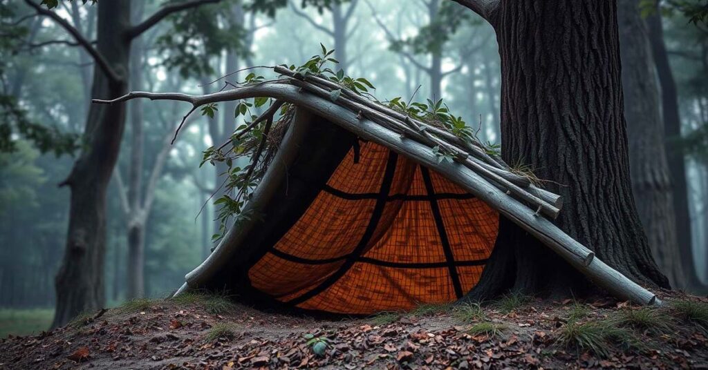 Step-by-step construction of a lean-to survival shelter in the wilderness