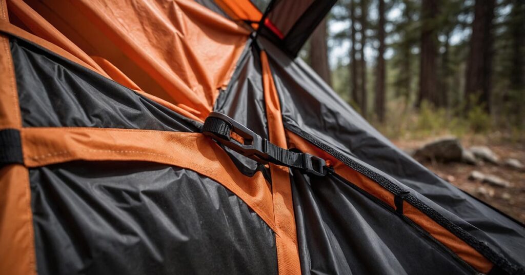 Close-up details of the MSR Access 2-Person Tent, showing the zippers, seams, and interior pockets.