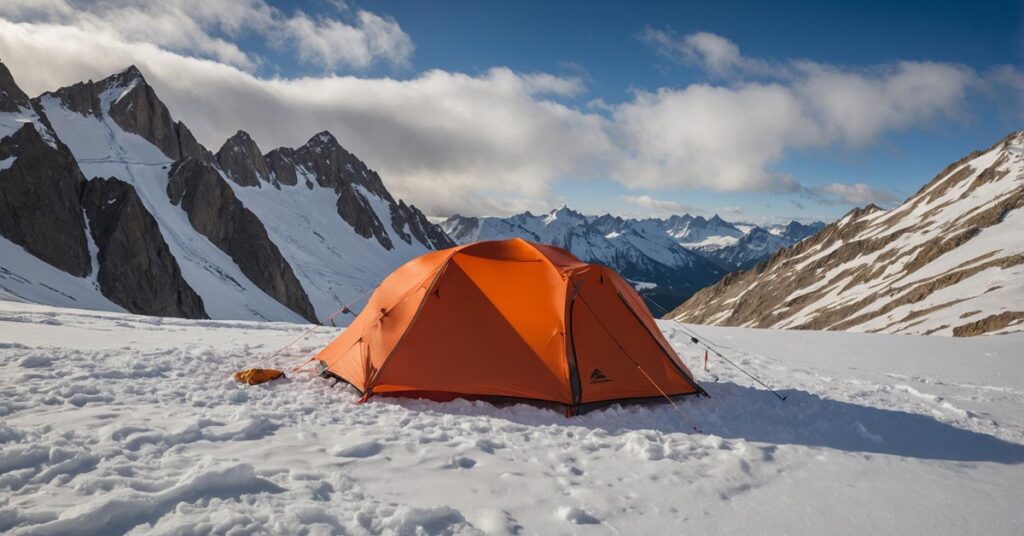 MSR Access 2-Person Tent set up in a snowy mountain environment, showcasing its 4-season design and weather resistance.