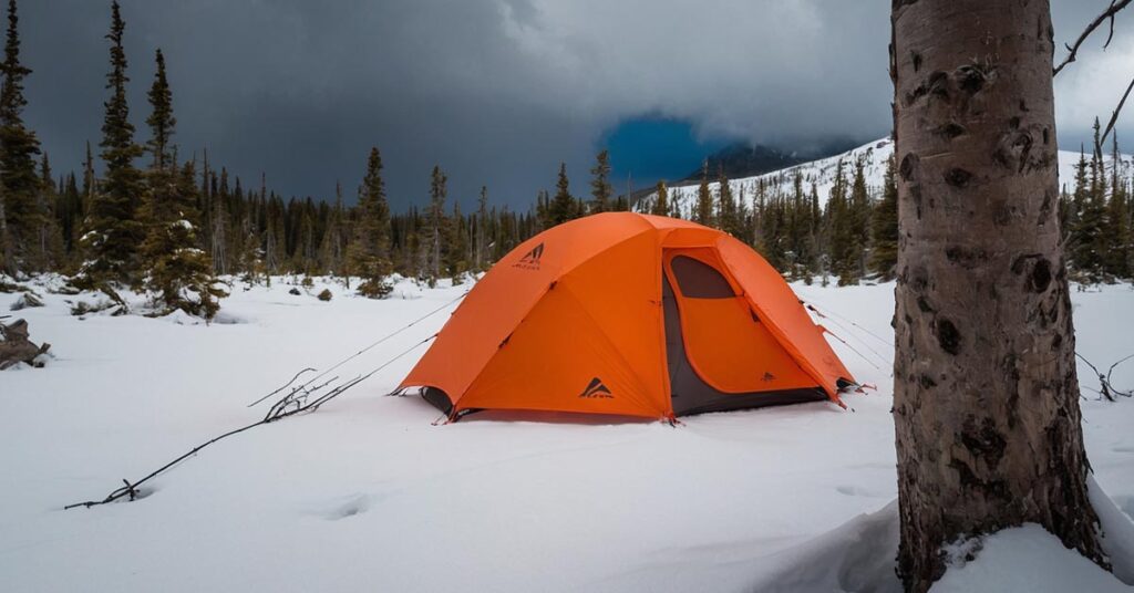 MSR Access 2-Person Tent set up in windy conditions, showing its stability and guyline system.