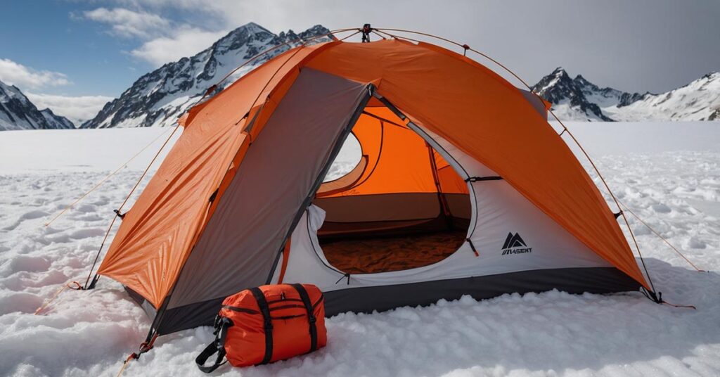 Two vestibules of the MSR Access 2-Person Tent, storing boots, backpacks, and gear.