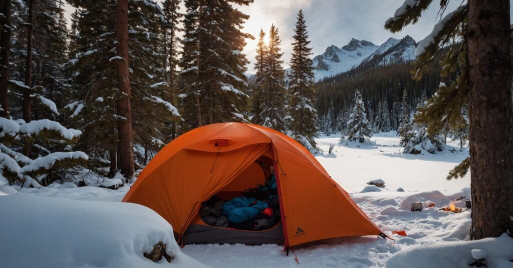 MSR Access 2-Person Tent in use during a winter camping trip, with a campfire and snowy surroundings.