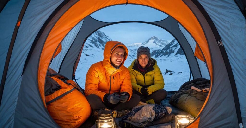 Spacious interior of the NEMO Chogori 2-Person Tent, showing two people sitting comfortably with gear.