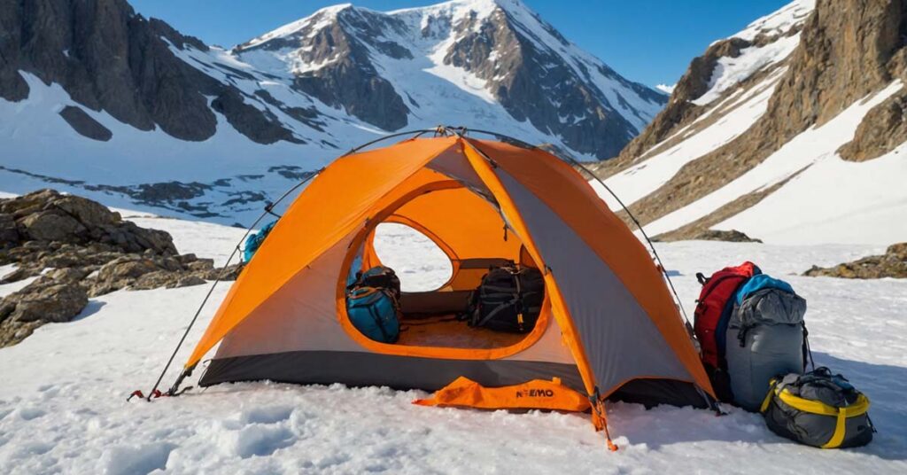 NEMO Chogori 2-Person Tent set up in windy conditions, showing its stability and guyline system.