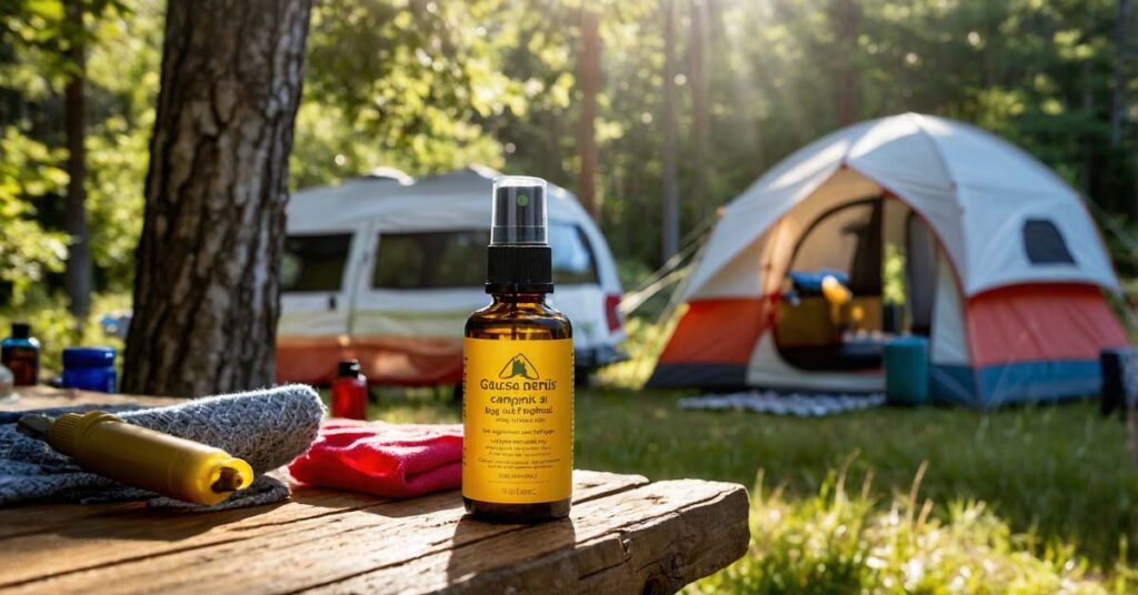 Camper using natural bug repellent around their tent