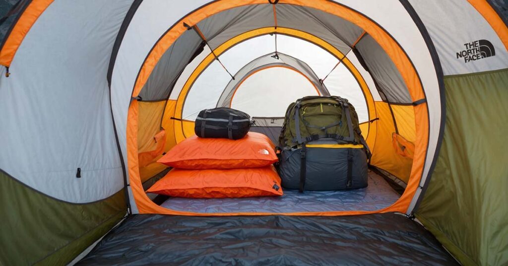 Close-up details of the The North Face Stormbreak 3-Person Tent, showing the zippers, seams, and interior pockets.