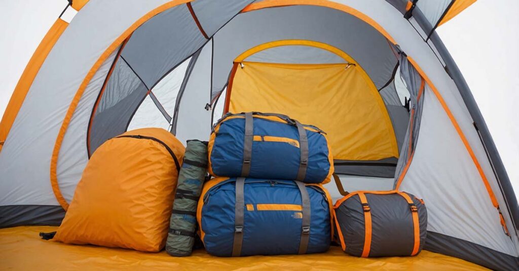 Spacious interior of the The North Face Stormbreak 3-Person Tent, showing three people sitting comfortably with gear.