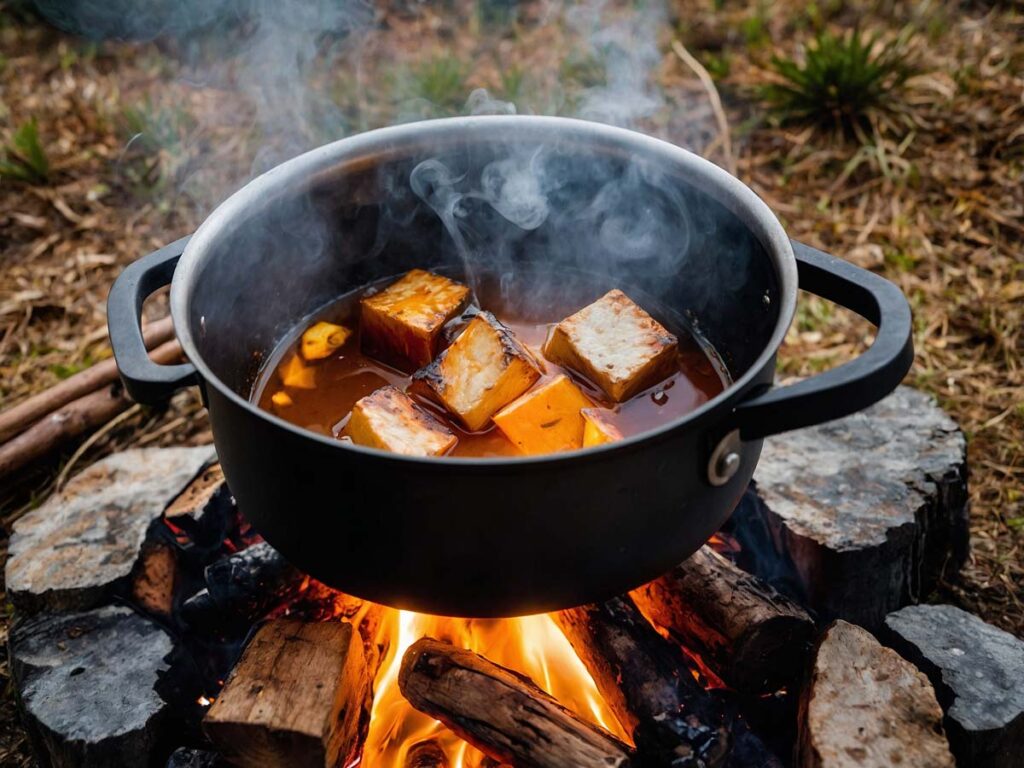 Preparing Thai Boat Noodle Soup broth over a campfire in a pot