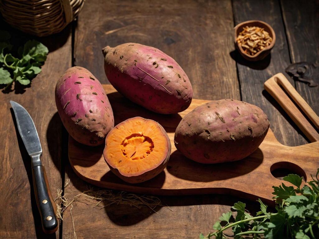 Washing and poking holes in sweet potatoes for baking