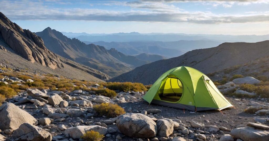 Tent pitched securely on rocky ground with mountain backdrop