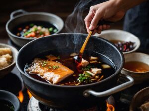 Seasoning Thai Boat Noodle Soup with dark soy sauce and fish sauce while camping