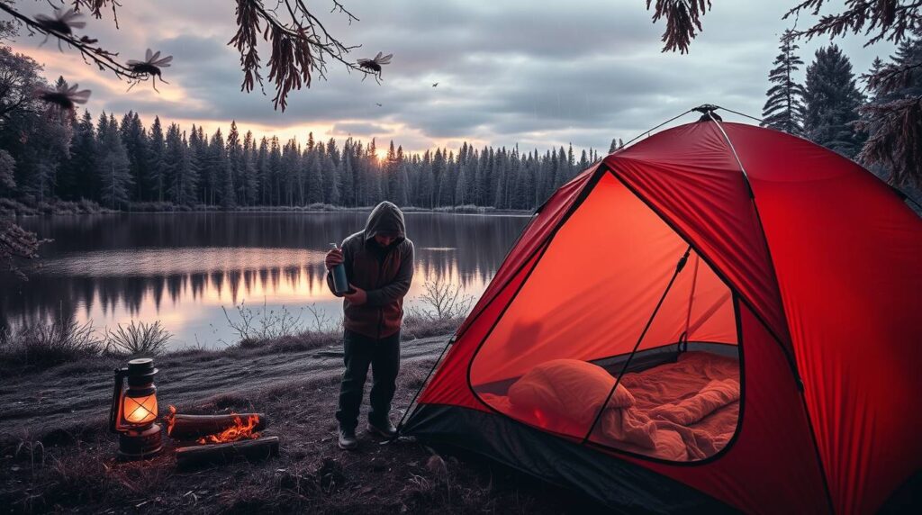 Camper Setting Up a Bug-Proof Tent