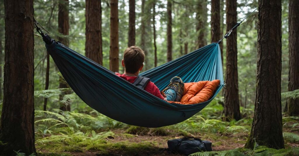 Camper setting up a hammock with a tree-friendly suspension system