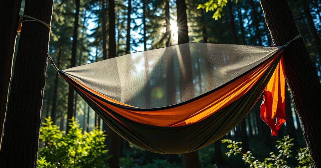 Camper setting up a bug net for hammock protection