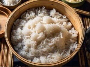 Steaming sticky rice for Khao Jee