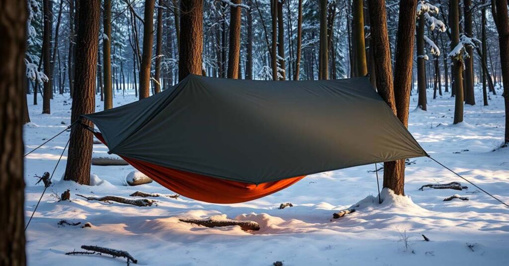 Four-season tarp setup for wind and snow protection in winter hammock camping