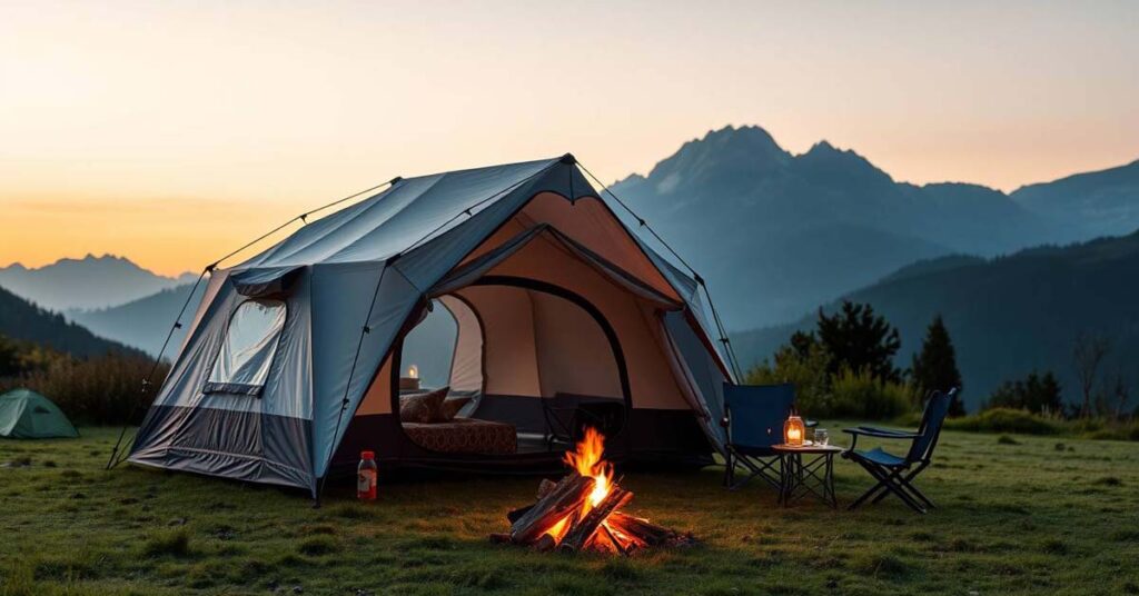 Tent camping setup in a mountainous area with campfire