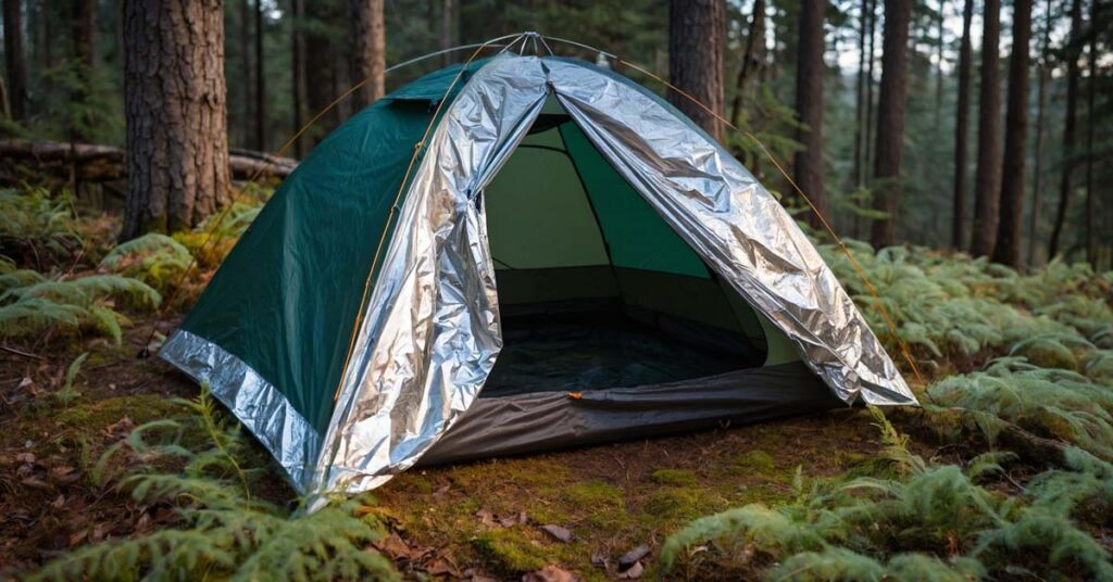 Tent insulation setup with a reflective blanket, footprint, and foam pad for cold weather camping