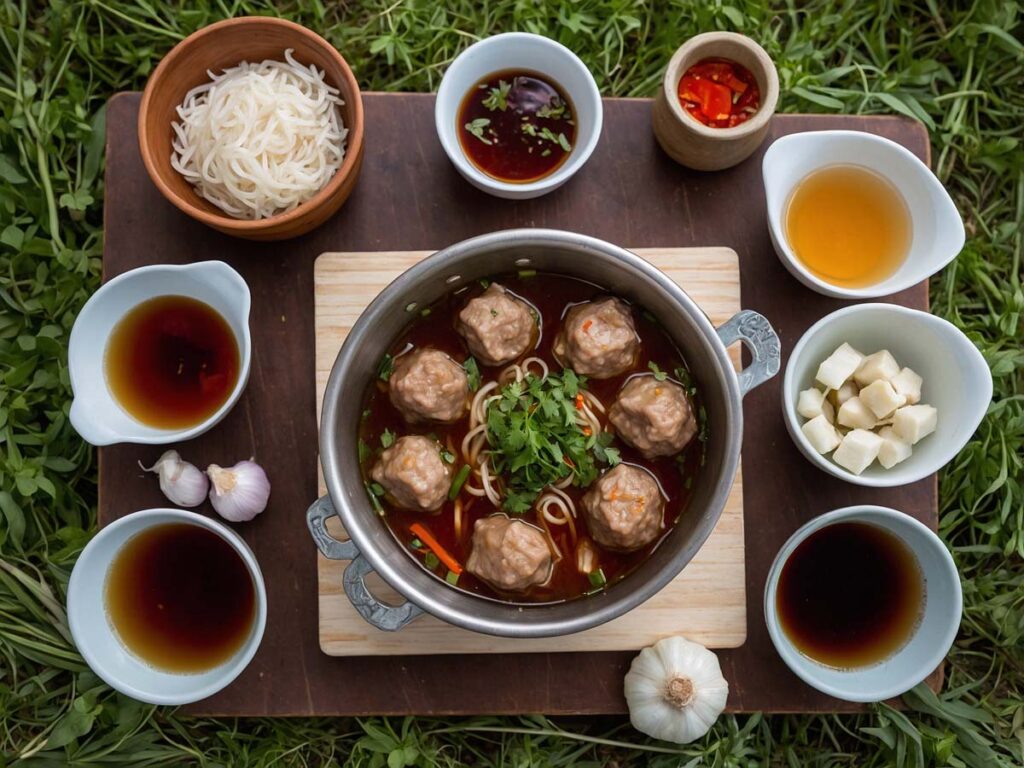 Thai Boat Noodle Soup ingredients for camping, including rice noodles, broth cubes, canned meatballs, and spices.