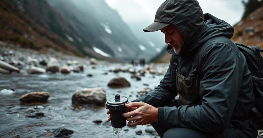 Camper using a portable water filter to purify water in the wild