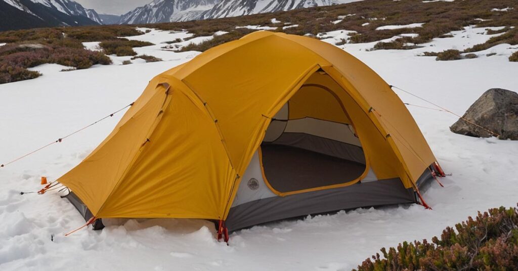 Two vestibules of the Big Agnes Battle Mountain 3-Person Tent, storing boots, backpacks, and gear.