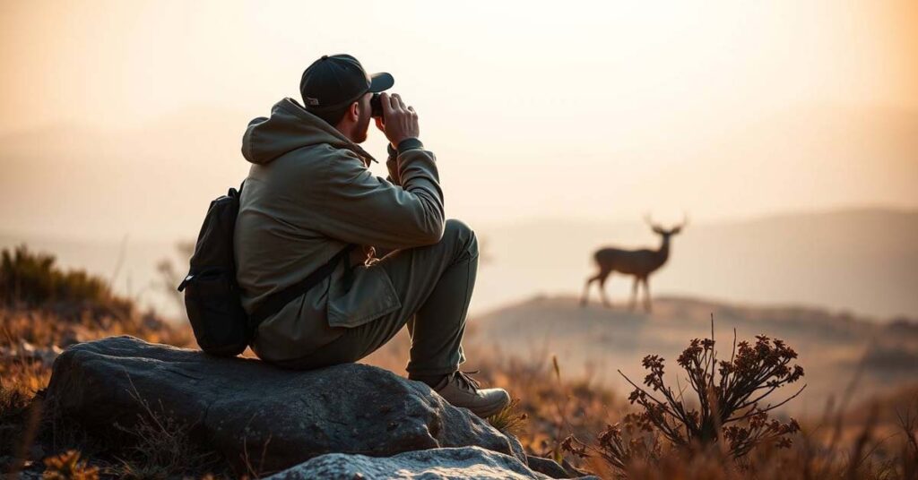 A camper using binoculars to observe a deer in the distance