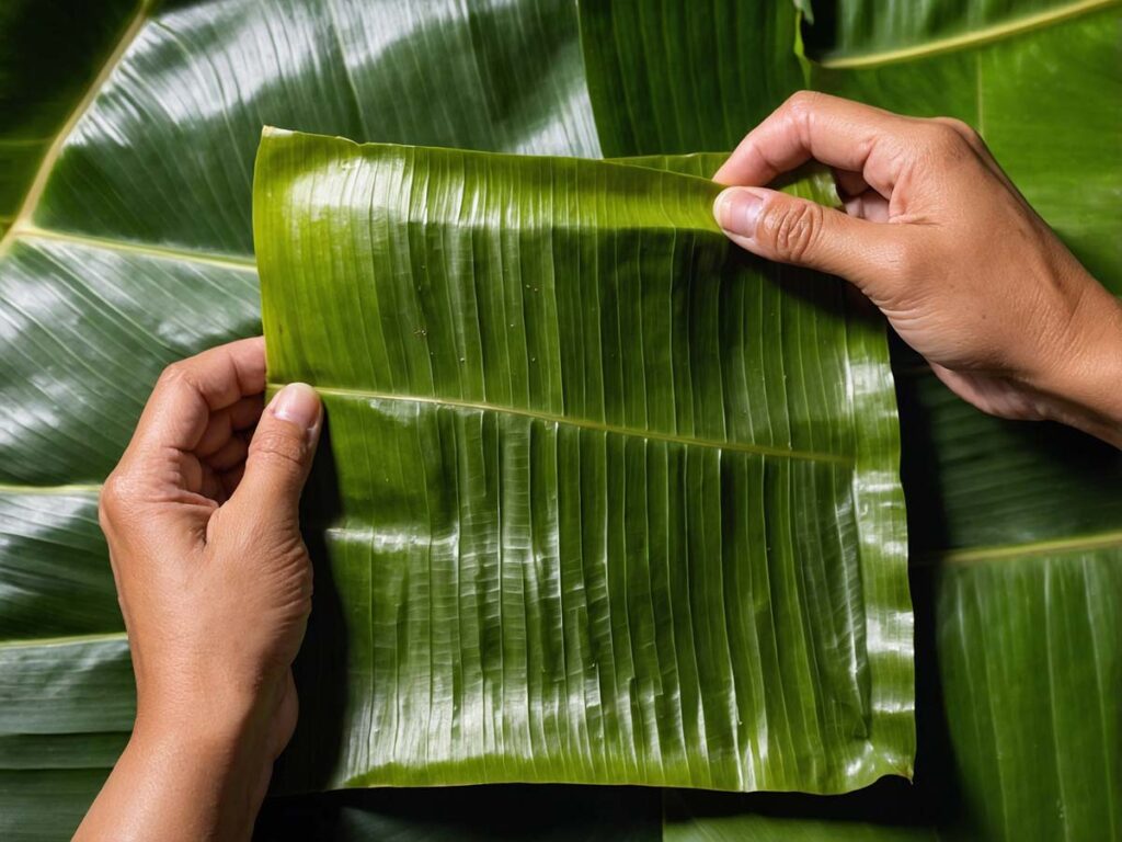 Wrapping Thai Grilled Sticky Rice in banana leaves