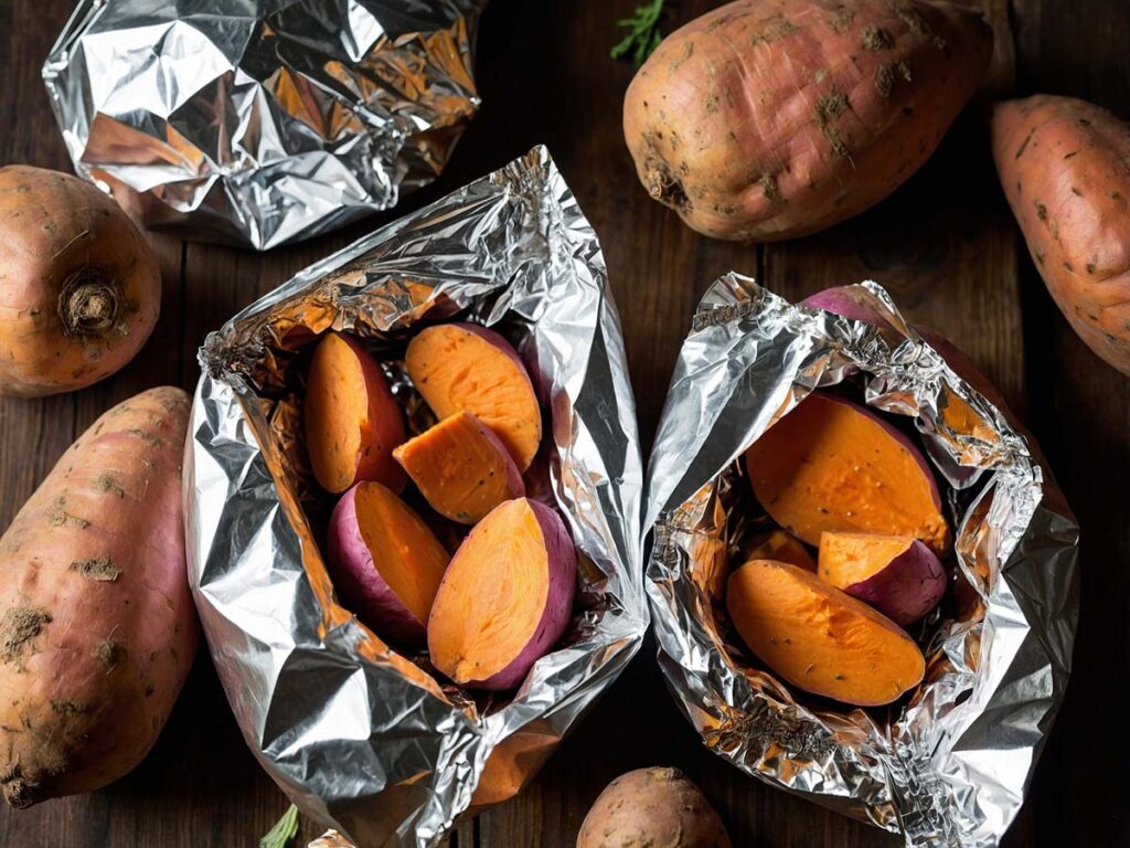 Sweet potatoes wrapped in aluminum foil for campfire baking