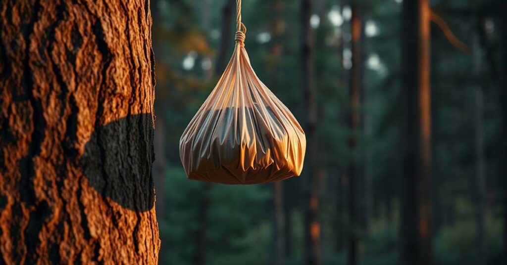 Food bag hung using the bear hang method in a forest campsite