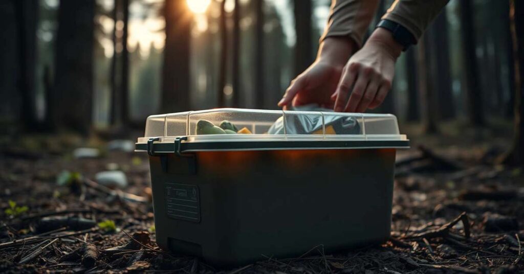 Bear-resistant food container securely storing food in a forest setting