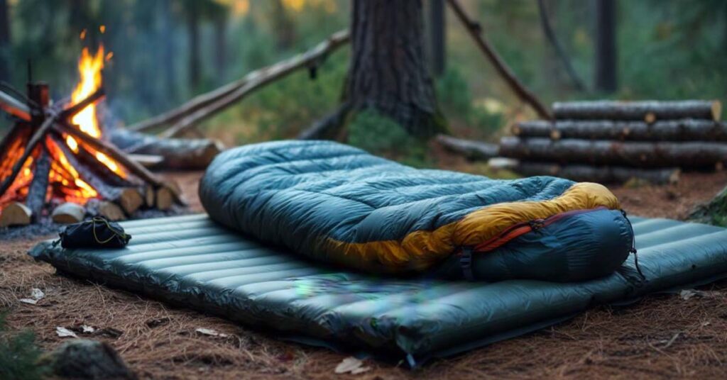 Bushcraft camping sleeping system: sleeping bag, sleeping pad, and bivy bag for staying warm at night.