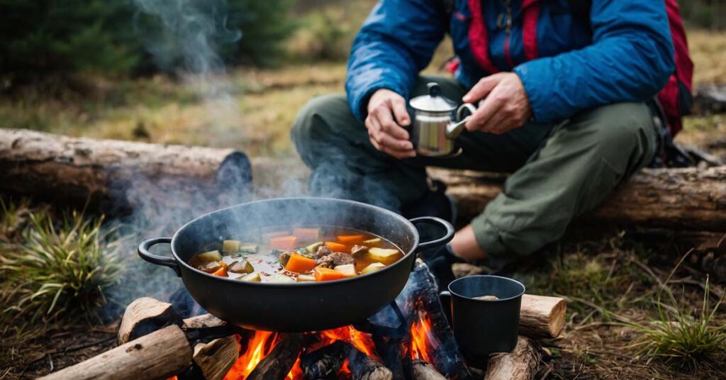 Cooking a warm meal over a campfire for energy and warmth during bushcraft camping.