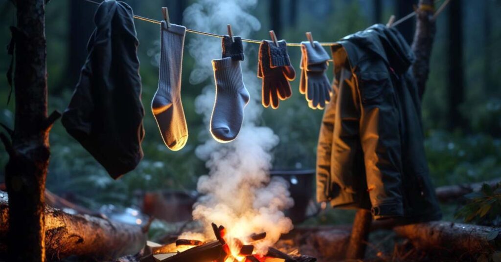 Drying wet gear by the fire during bushcraft camping to stay warm and prevent hypothermia.