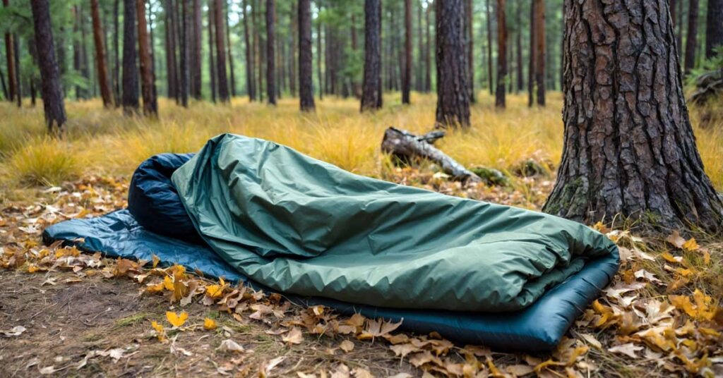 Creating a warm bed using natural materials like leaves, grass, and pine boughs for bushcraft camping.