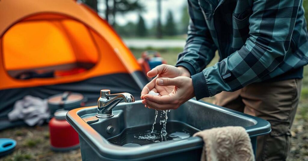 Camper washing hands at a portable sink to maintain hygiene while camping