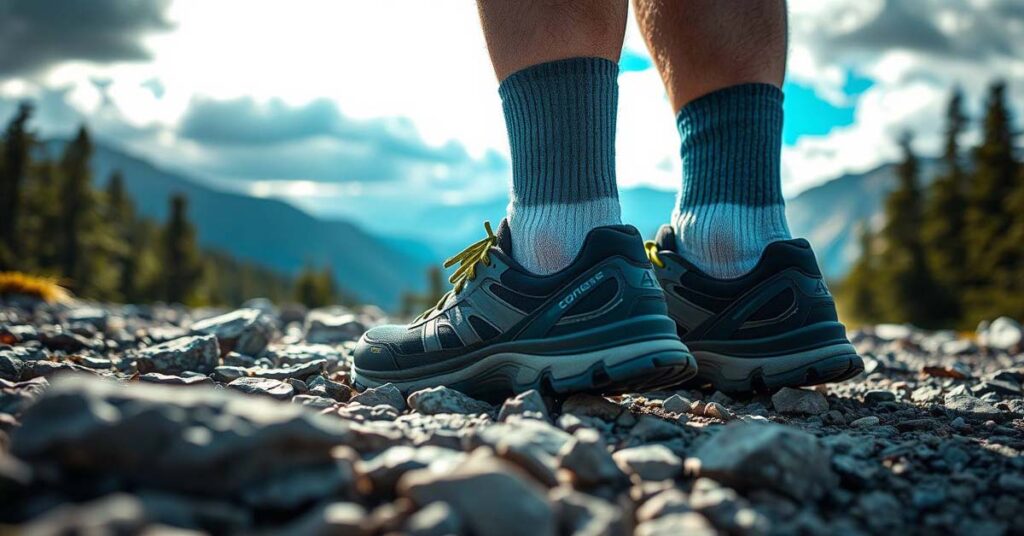 Best footwear for camping in hot weather: lightweight hiking shoes and moisture-wicking socks.