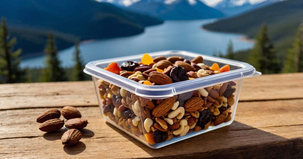 Healthy camping snack: trail mix with nuts, dried fruits, and chocolate chips