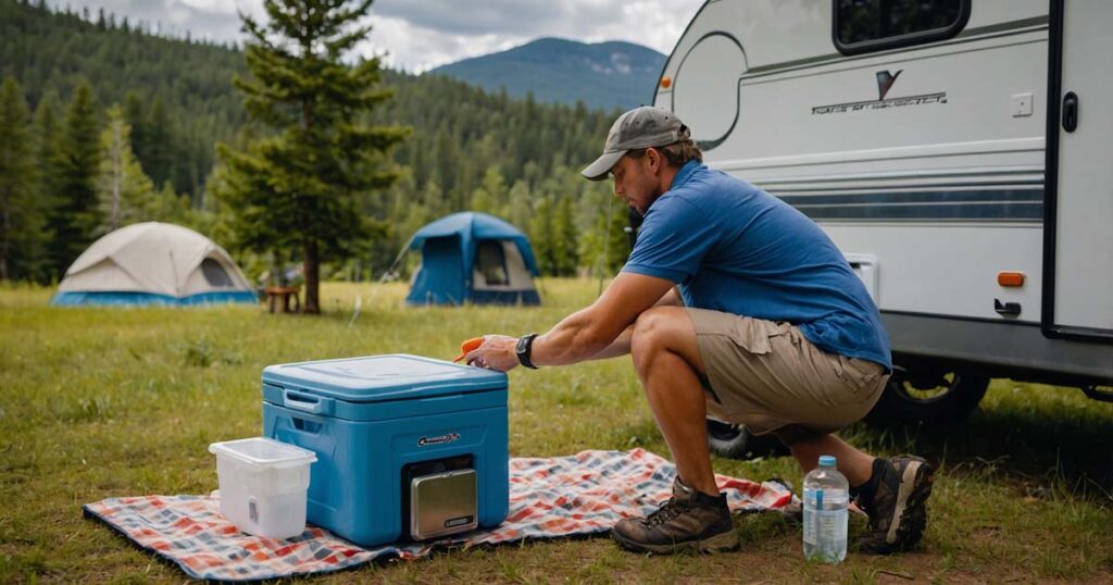 A camper using a thermometer to check the temperature inside a cooler