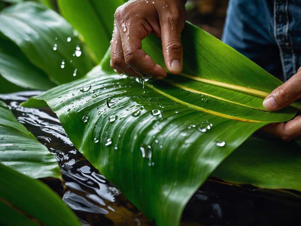 Cleaning and preparing banana leaves for cooking