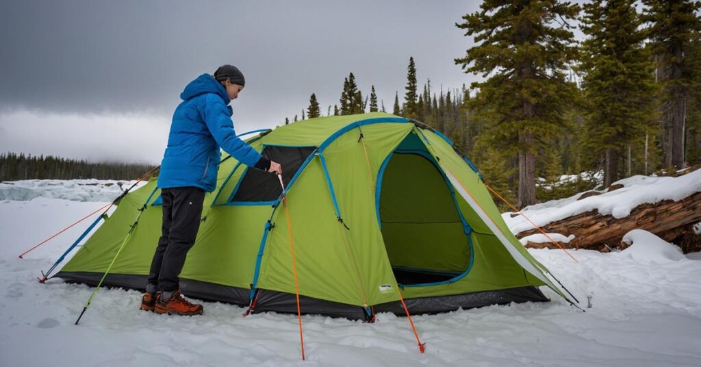 A camper setting up an 4-season tent with color-coded poles and clips, showcasing its user-friendly design.