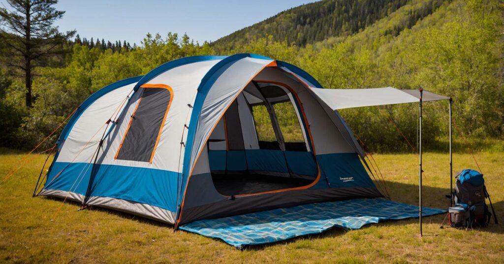 A spacious family-sized 4-season tent set up at a campsite, with gear inside, highlighting its capacity and comfort.