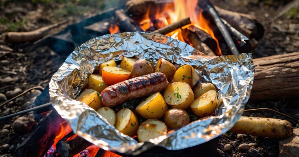 Foil packet meal with potatoes, carrots, and sausage cooking over a campfire