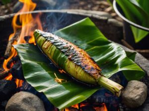 Grilling Whole Fish Wrapped in Banana Leaf over a campfire.