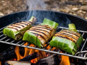 Grilling Thai banana leaf-wrapped chicken over a campfire