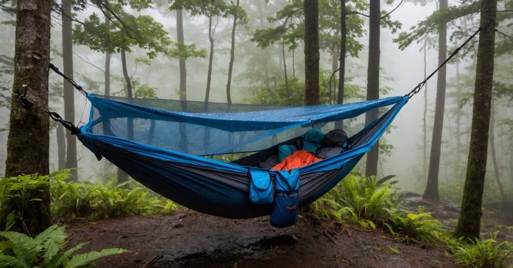 Rain tarp setup for hammock camping in wet weather