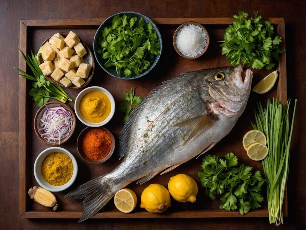 Ingredients for Whole Fish Wrapped in Banana Leaf with Spices.